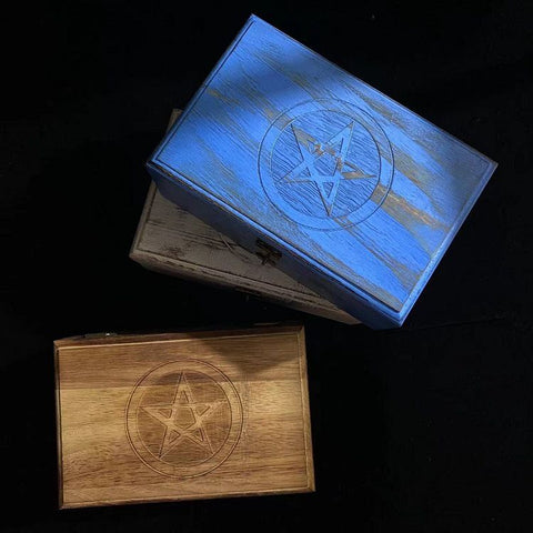 Hand-Carved Wooden Jewelry and Crystal Storage Box - Wicca Pentagram Design