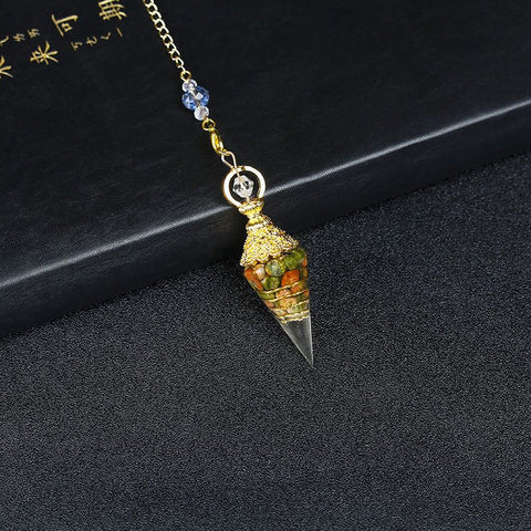 Vintage Hexagonal Resin and Crystal Point Pendant - Natural Gemstone Pendulum Necklace