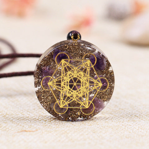 Crystal Metatron's Cube Angel Pendant - Resin Necklace with Crystal Chips