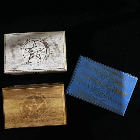 Hand-Carved Wooden Jewelry and Crystal Storage Box - Wicca Pentagram Design