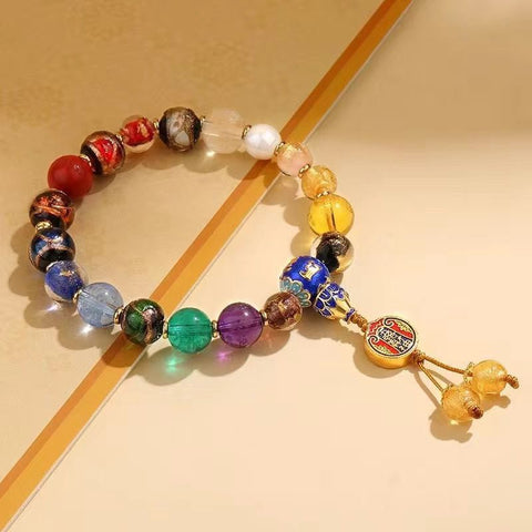 Gold-Foil Glass Bead Buddhist Mala Bracelet - Prosperity and Love Amulet