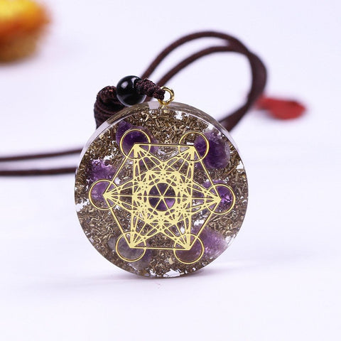 Crystal Metatron's Cube Angel Pendant - Resin Necklace with Crystal Chips