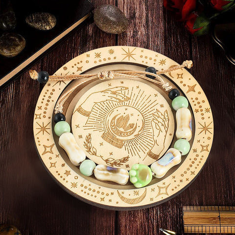 Wooden Carved Bracelet Display and Storage Tray - Sun, Moon, and Stars Crystal Energy Mat