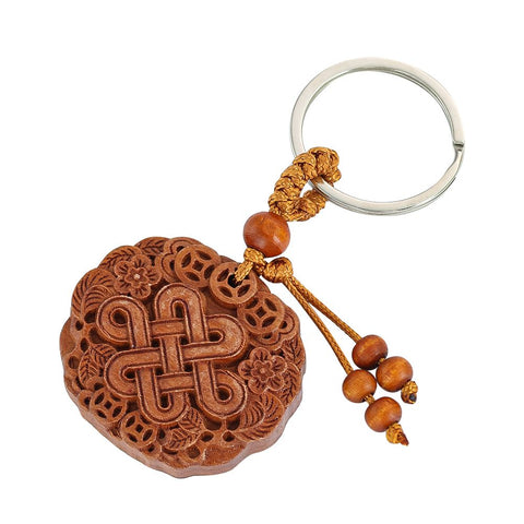 Lucky Chinese Knot Keychain - Hand-carved Peach Wood Coin