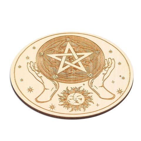 Zodiac Engraved Wooden Crystal Grid - Pentagram and Moon Phases Coaster and Placemat
