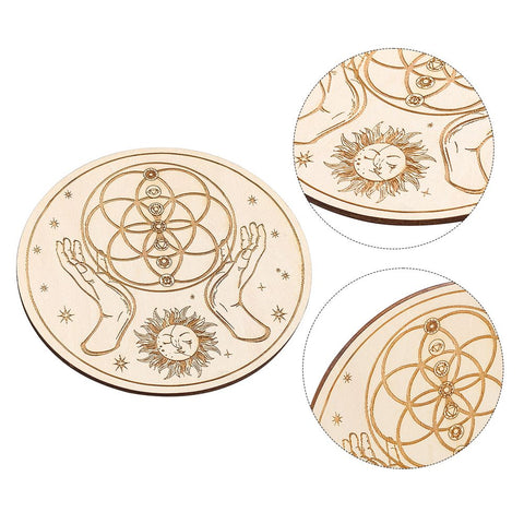 Wooden Sunflower and Flower of Life Crystal Grid - Geometric Engraved Base
