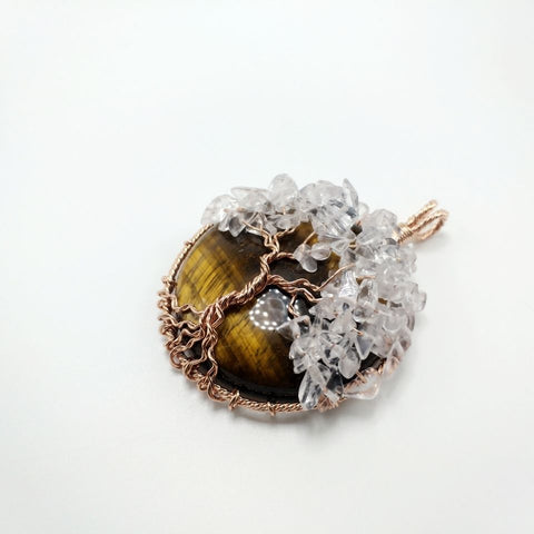 Ciondolo con albero della vita in pietra preziosa di cristallo naturale - Pietra grezza avvolta in filo metallico