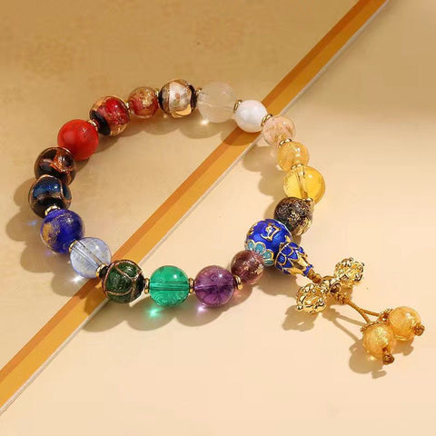 Gold-Foil Glass Bead Buddhist Mala Bracelet - Prosperity and Love Amulet