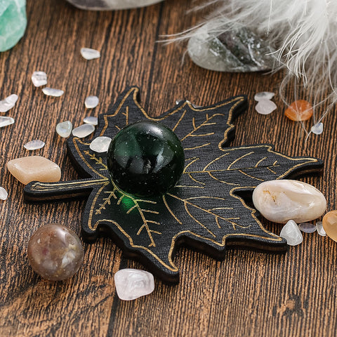 Natural Maple Leaf Electroplated Crystal Ball Stand - Wooden Energy Base