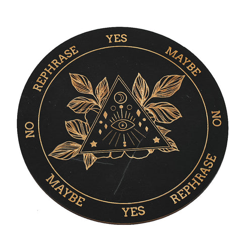 Wooden Black Mat with All-Seeing Eye Decor - Tree of Life, Pentagram, and Moon Phases Round Coaster