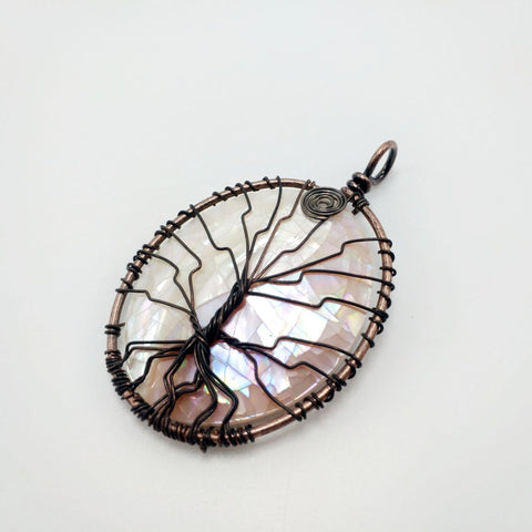 Abalone Shell and Antique Copper Tree of Life Pendant - Handcrafted