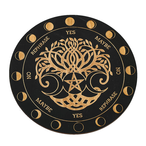 Wooden Black Mat with All-Seeing Eye Decor - Tree of Life, Pentagram, and Moon Phases Round Coaster
