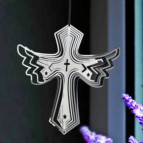 3D Rotating Stainless Steel Wind Chime - Angel Wings and Cross Sun Catcher