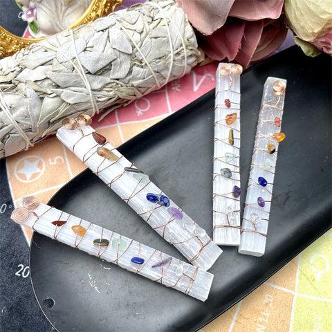 Handcrafted Selenite Meditation Wand with Seven Chakra Stones