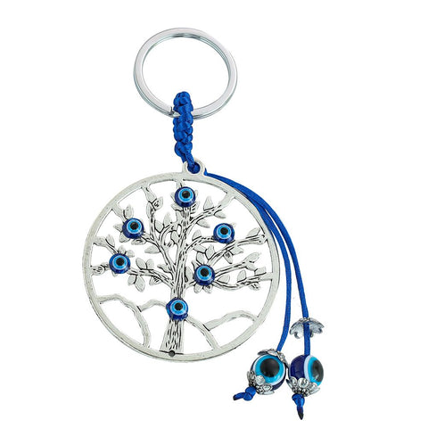 Turkish Blue Evil Eye Tree of Life Keychain - Zinc Alloy Wealth Tree Pendant