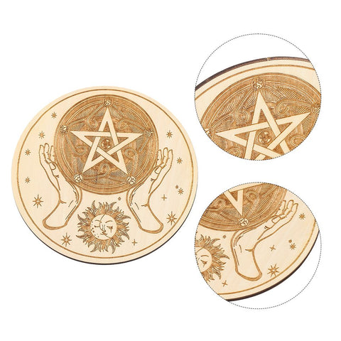 Zodiac Engraved Wooden Crystal Grid - Pentagram and Moon Phases Coaster and Placemat