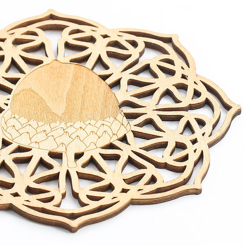 Wooden Pinecone Coaster - Carved Yoga and Meditation Crystal Base