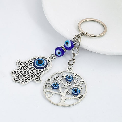 Blue Turkish Evil Eye and Fatima Hand Tree of Life Pendant Keychain
