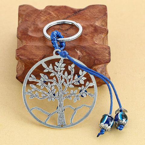 Turkish Blue Evil Eye Tree of Life Keychain - Zinc Alloy Wealth Tree Pendant