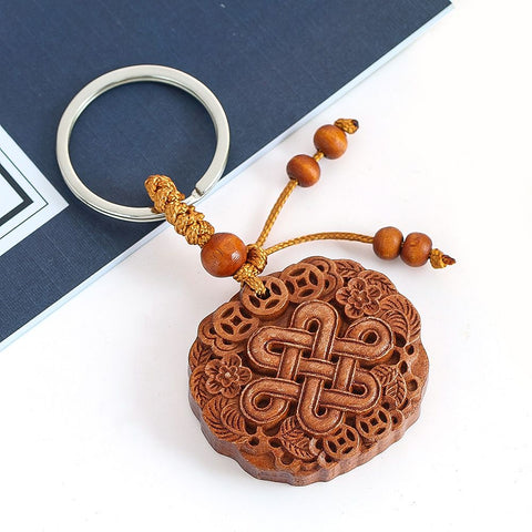 Lucky Chinese Knot Keychain - Hand-carved Peach Wood Coin