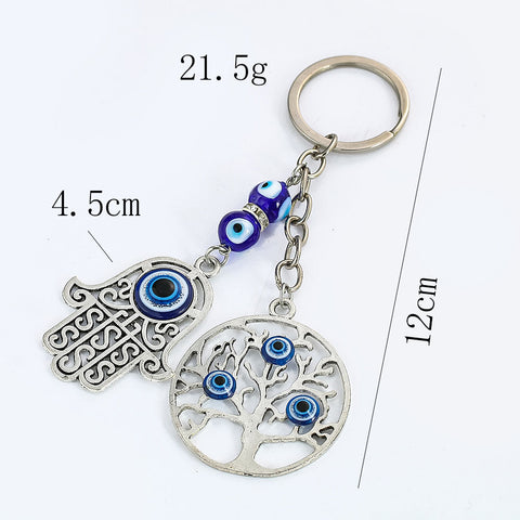 Blue Turkish Evil Eye and Fatima Hand Tree of Life Pendant Keychain