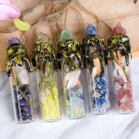 Natural Crystal Wish Bottles Set - 9 Colorful Energy Stones for Halloween