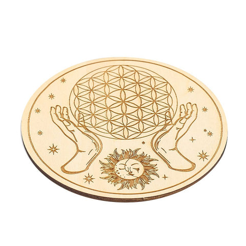 Wooden Carved Crystal Energy Display Base - Sun Hand Flower of Life Decor
